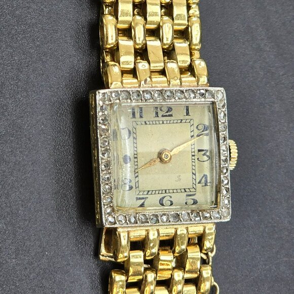 Vintage 18k Gold Womens Square Diamond Watch with Safety Chain HS173 - Picture 4 of 15